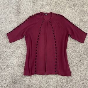 Misook Knit Tunic‎ Cardigan Burgundy Hook Closure X Stitch Half Sleeve Women PXL